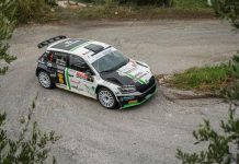 Giandomenico Basso e Lorenzo Granai, Skoda Fabia R5, realizzano il miglior tempo nel primo tratto cronometrato del 39° Rally Due Valli